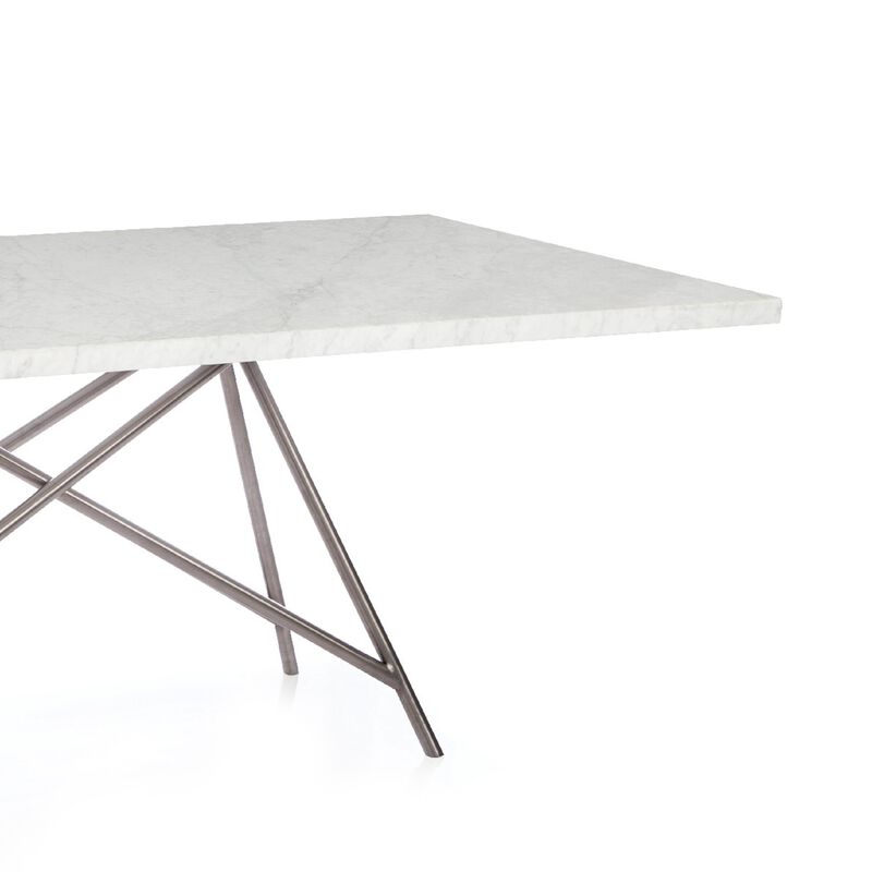 Levi 80 Inch Rectangular Carrara Marble Dining Table, Steel Legs, Chrome - Benzara