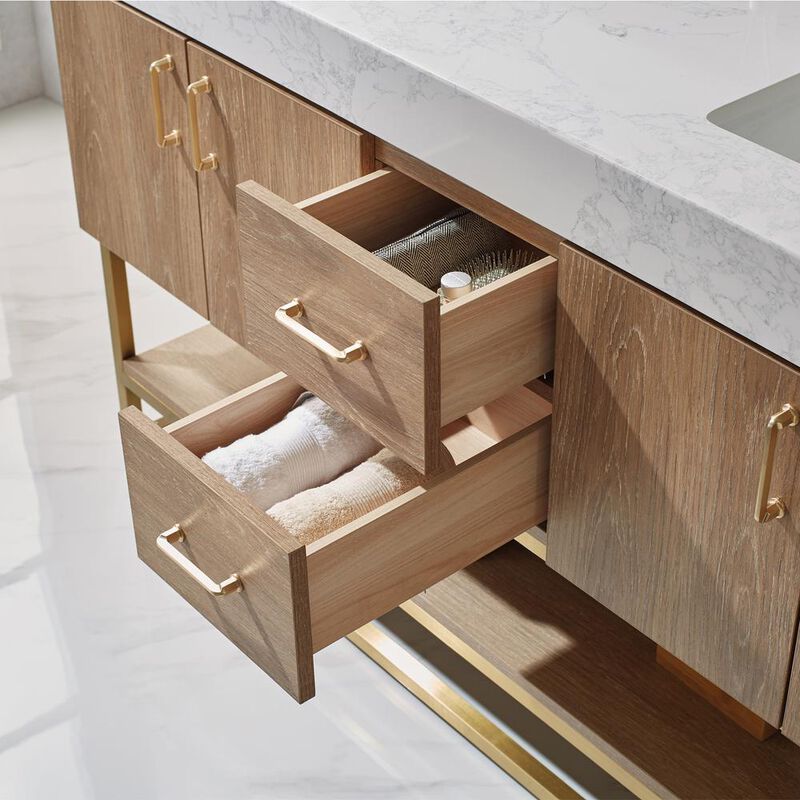 Vinnova Design 60 Double Vanity with White Grain Stone Countertop Without Mirror