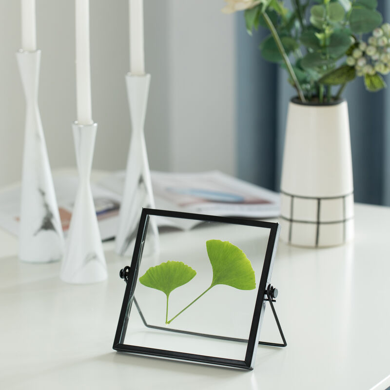 Modern Metal Floating Tabletop Square Photo Picture Frame with Glass Cover and Easel Stand, Black 4" x 4"