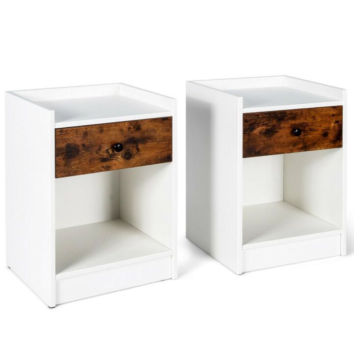 Hivvago Set of 2 Nightstand with Drawer Cabinet End Side Table Raised Top