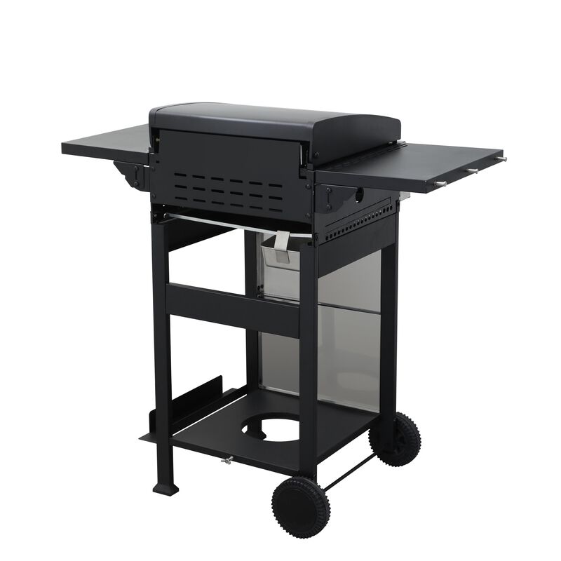 MONDAWE 2-Burner Propane Gas BBQ Grill, SS Plancha, 24600BTU Output With Wire Enamel Cooking Grids For Outdoor Barbecue, Foldable Side Table, Hanging Basket, Stainless Steel