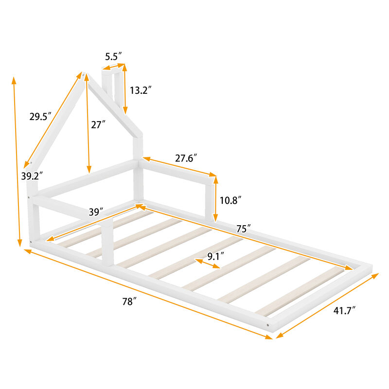 Merax Wood Floor Bed with House-shaped Headboard