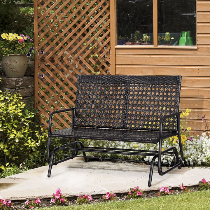 Outdoor Rocking Duo: Black 2-Person Wicker Glider Bench with Cushions