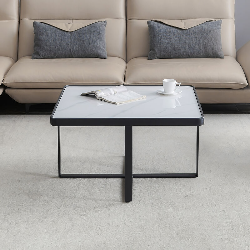 Modern Square Coffee Table with Sintered Stone Surface and Metal Base