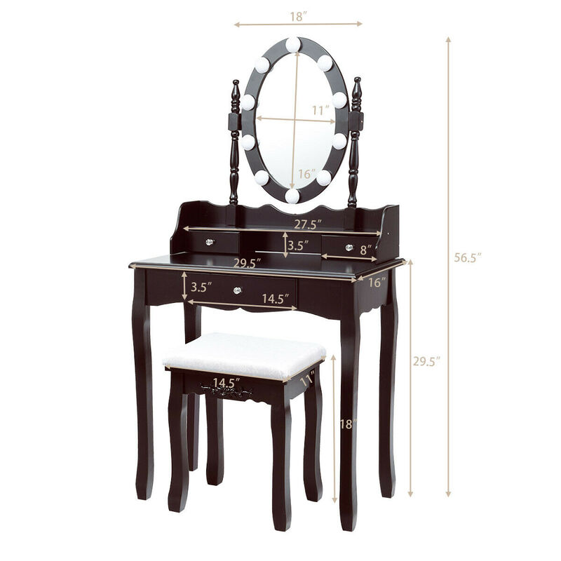 Oval Mirror Vanity Set  with 10 LED Dimmable Bulbs and 3 Drawers