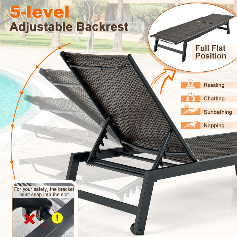 Patio PE Rattan Chaise Lounge with 5-Level Backrest and Wheels-Brown