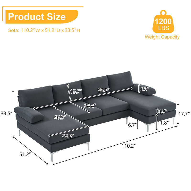 4-Seater U-Shaped Indoor Modular Sofa, Linen Seat with Wooden & Iron Frame, Gold Feet
