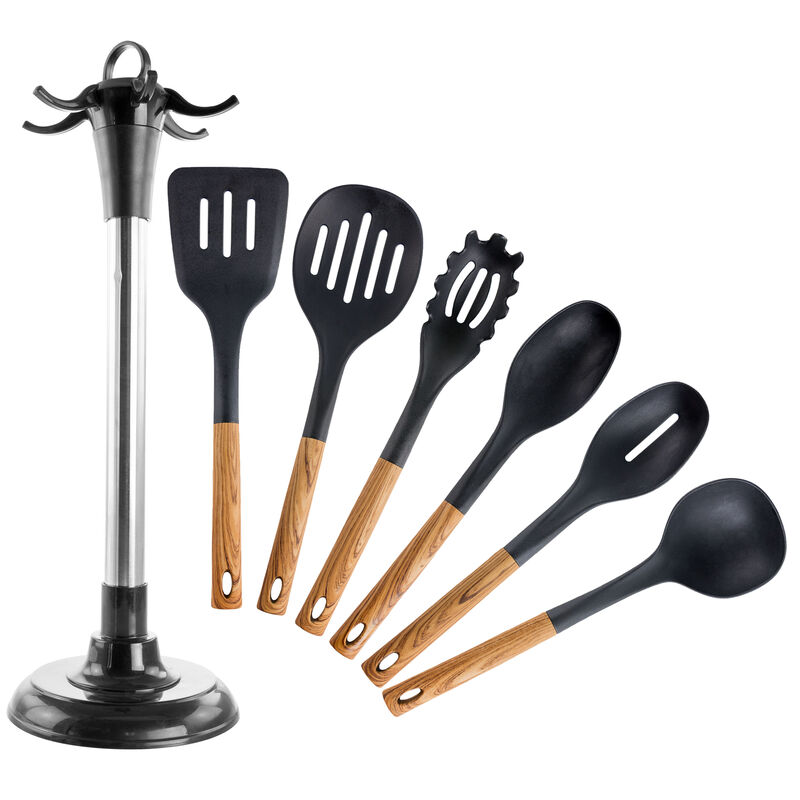 MegaChef Black Nylon Cooking Utensils with Wood Design, Set of 7