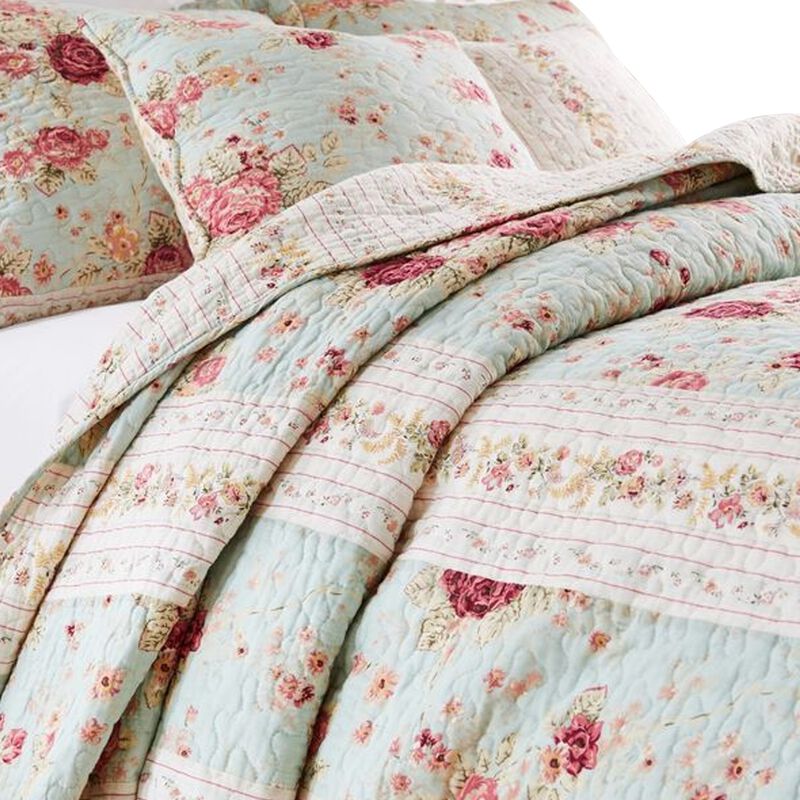 Rosle 5pc King Size Quilt Set, Shams, Patchwork Floral Soft Blue Cotton