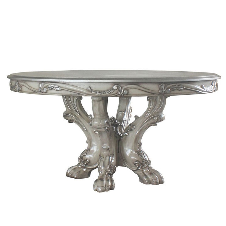 60 Inch Wooden Dining Table with Trestle Base, Bone White - Benzara