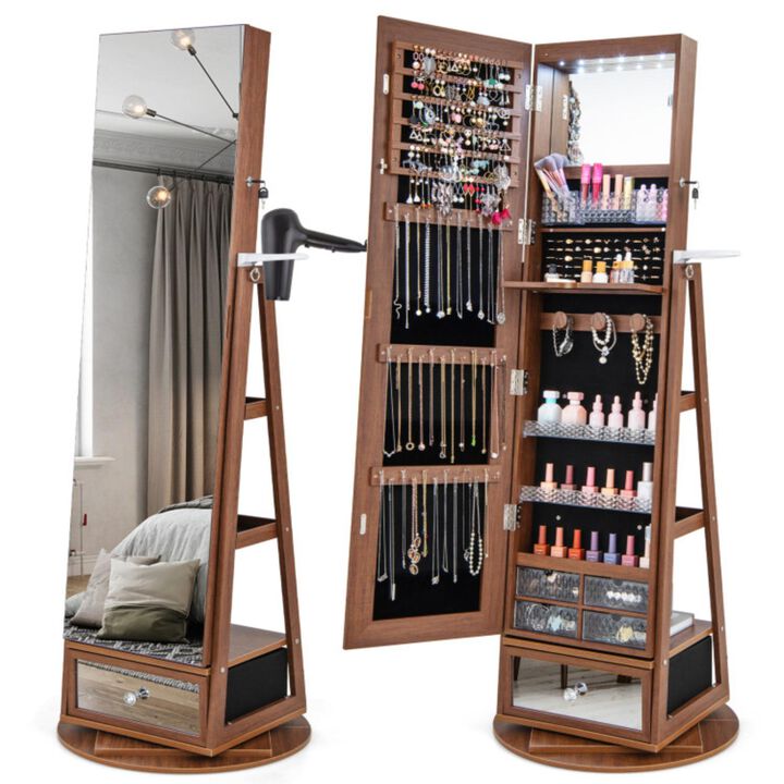 Hivvago Lockable 360� Swivel Jewelry Cabinet with Full-Length Mirror LED Lights