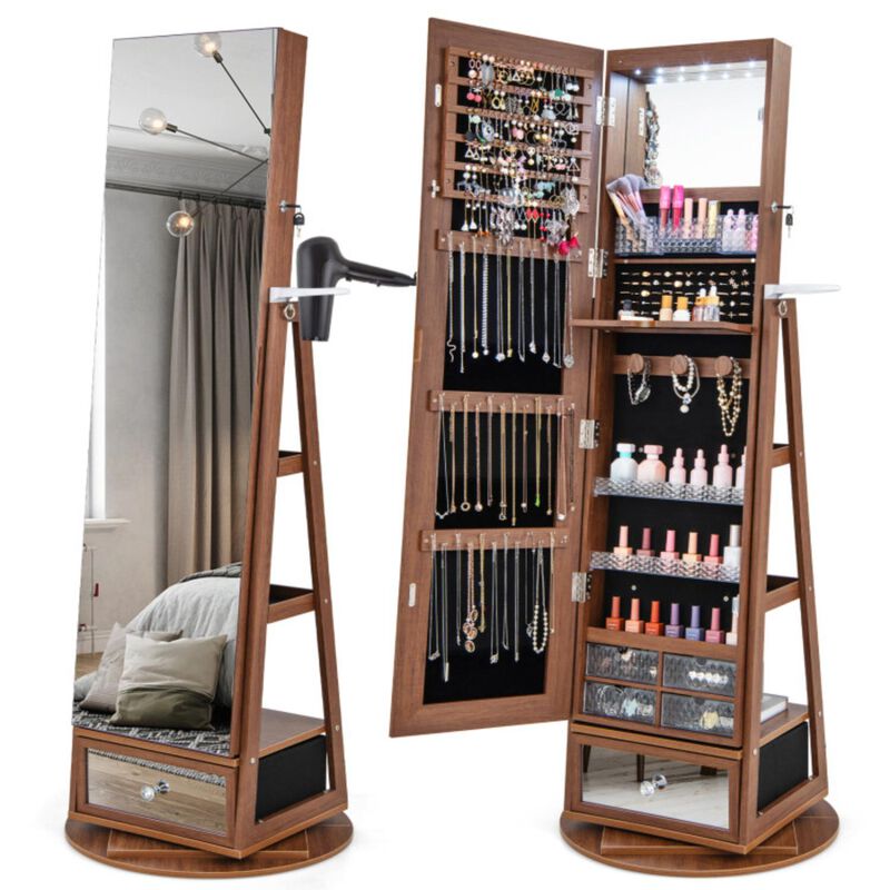 Hivvago Lockable 360� Swivel Jewelry Cabinet with Full-Length Mirror LED Lights