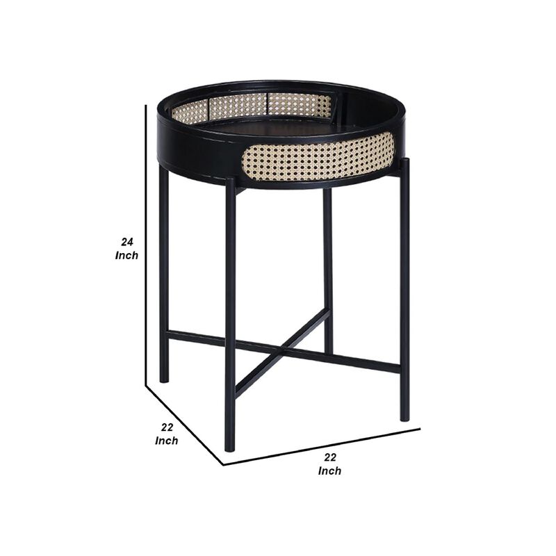 Bert 24 Inch Round End Table, Rattan Apron Accent, Metal Legs, Black-Benzara