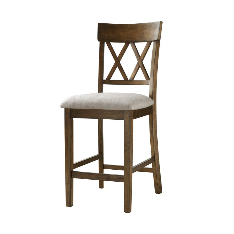 Carl 26 Inch Counter Height Chair, Polyester Seat, X Back, Brown, Set of 2 - Benzara