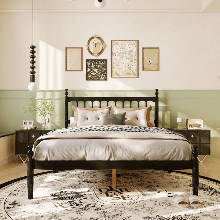 FUFU&GAGA Modern Black Metal Bed Frame with Rubberwood & Pine Slats (84.6" L x 61.8" W x 46.4" H), Black