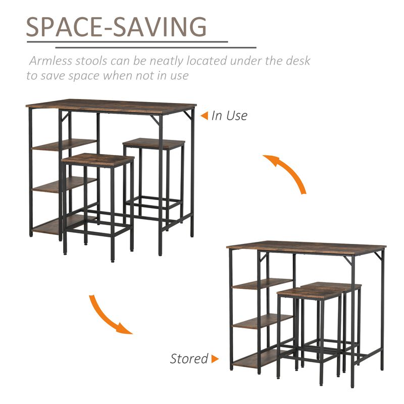 Rustic Bar Dining: 3-Piece Set with Brown/Black Table and Storage Stools