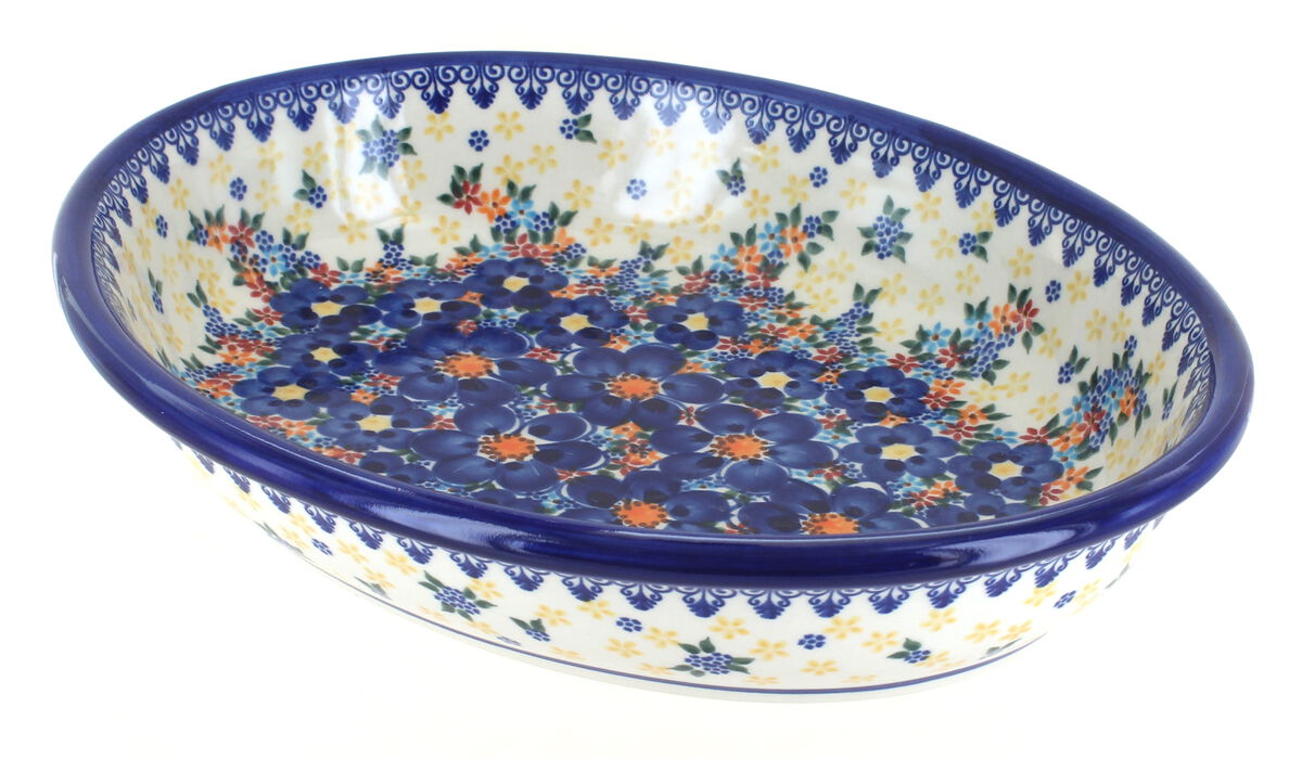 Blue Rose Polish Pottery Garden Butterfly Oval Baker