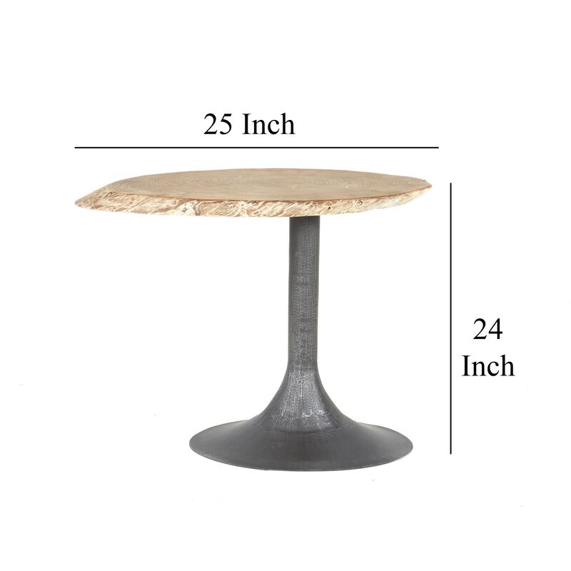 Lume Side End Table with Metal Trumpet Base, Gray Washed Live Edge Top - Benzara