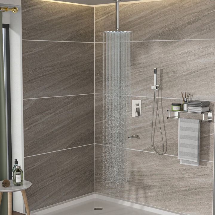 12" Rain Shower Head Systems With Waterfall Tub Spout, Light Brushed Nickel, Ceiling Mounted Shower