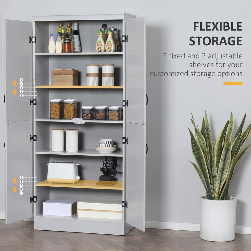 Gray Kitchen Organizer: 70" 4-Door Pantry with 6-Tier Shelving