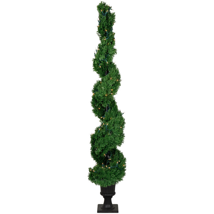 5.5' Pre-Lit Artificial Cedar Spiral Topiary Tree in Urn Style Pot  Clear Lights