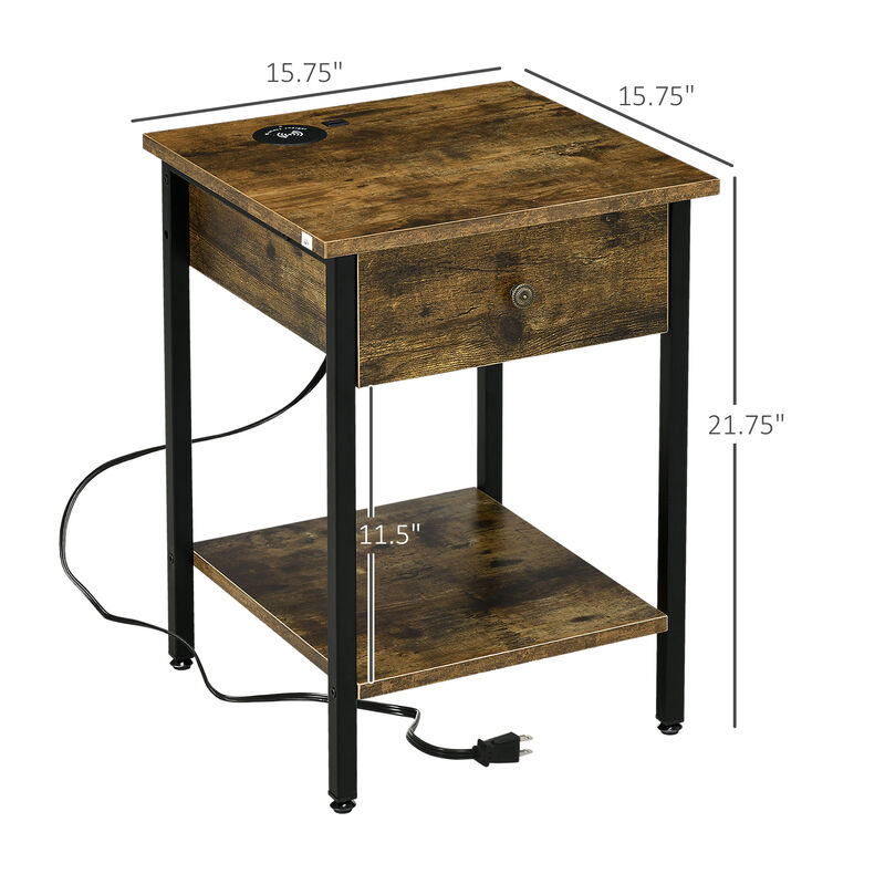 End Table with Wireless Charging Station, 2 USB Ports, Rustic Brown
