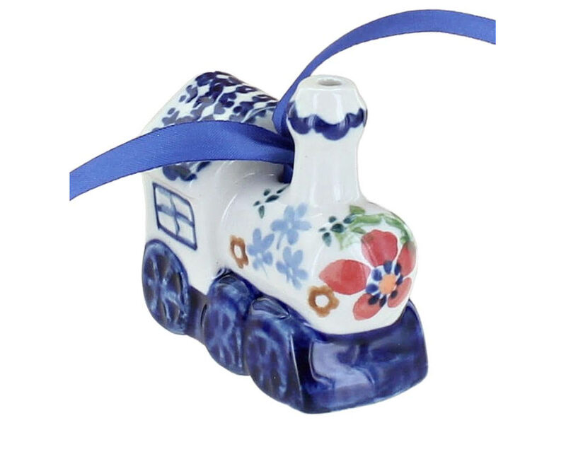 Blue Rose Polish Pottery Tulip Locomotive Ornament