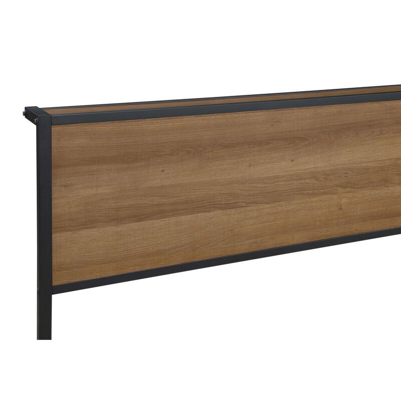 Rick Queen Size Platform Bed, MDF Panel Headboard, Brown, Black Metal - Benzara