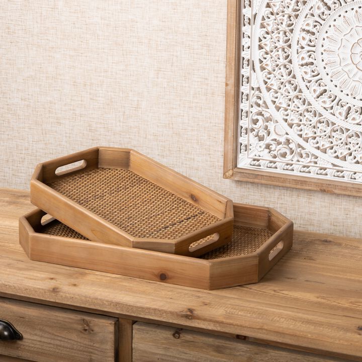 Set of 2 Wood Rattan Trays for Stylish Storage and Display