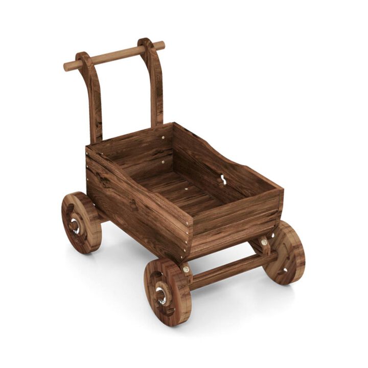 Hivvago Decorative Wooden Wagon Cart with Handle Wheels and Drainage Hole-Rustic Brown