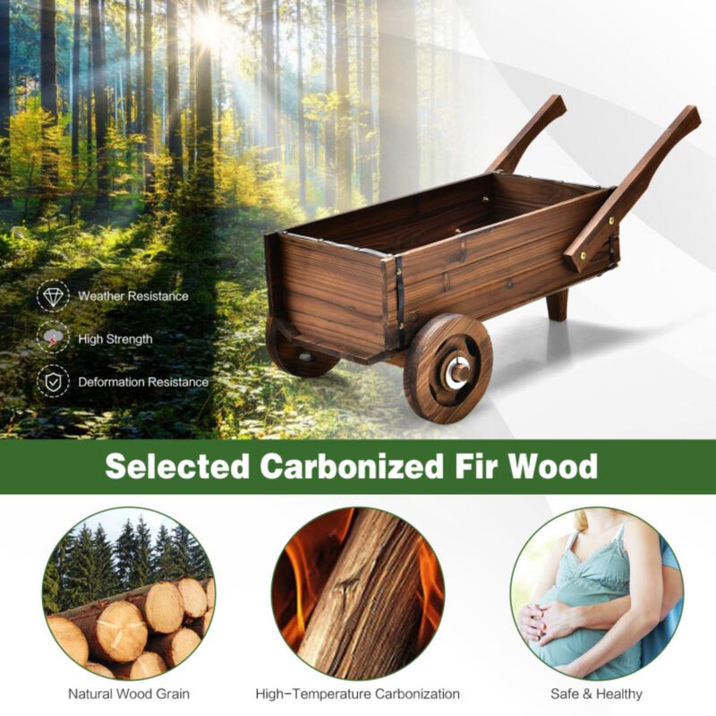 Hivvago Wooden Wagon Planter Box with Wheels Handles and Drainage Hole-Rustic Brown