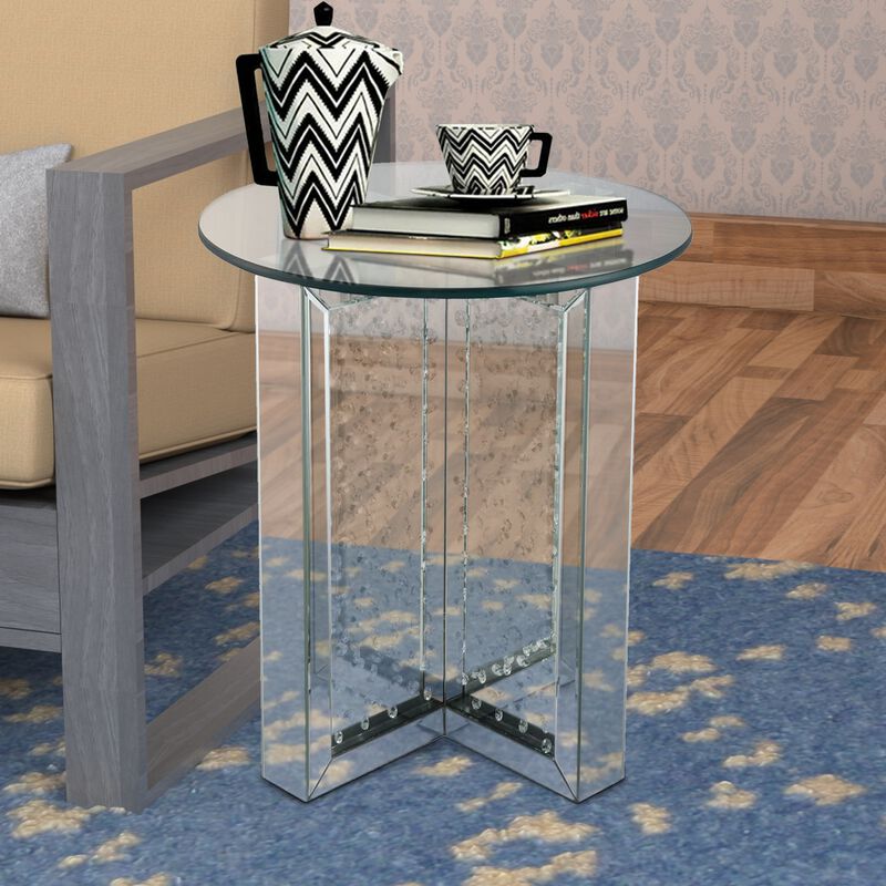 Round Mirrored Metal End Table with Glass Top and Crystal Accent Base, Silver-Benzara