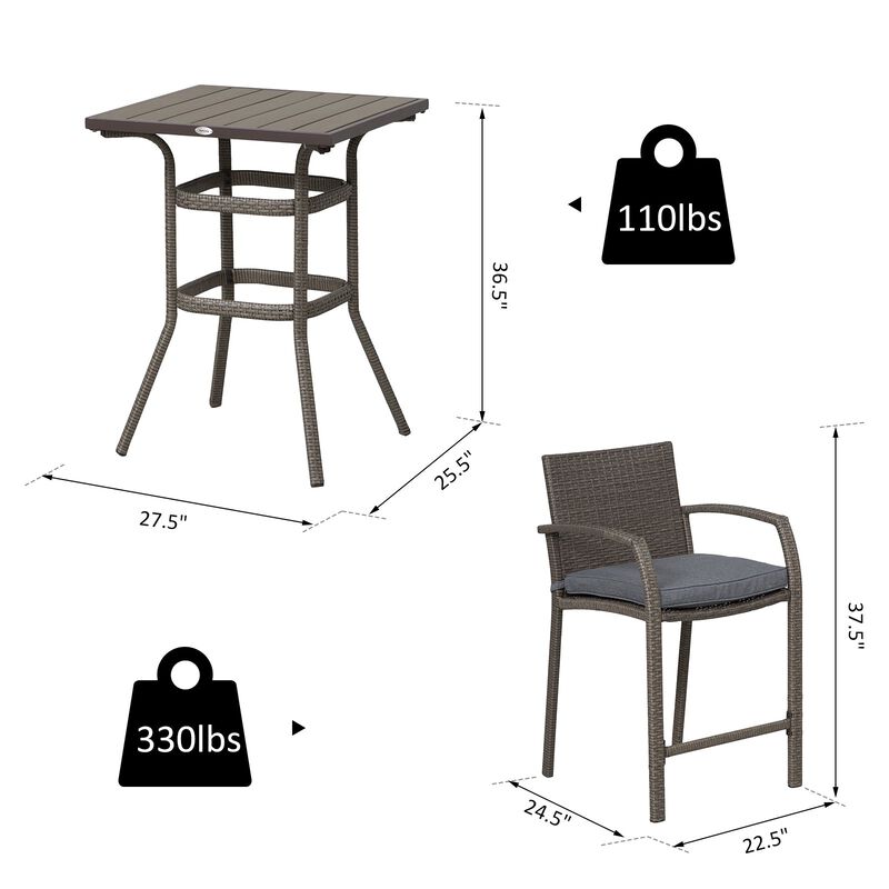 Grey Outdoor Bar: 3PC Rattan Wicker Set with Wood Grain Table Top