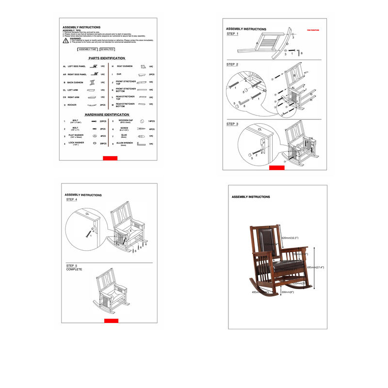 Mission Style Rocking Chair, Leather Upholstered Seat & Back, Tobacco and Dark Brown-Benzara