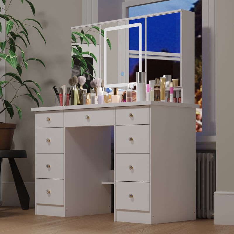 FUFU&GAGA Elegant Vanity Table with 9 Spacious Drawers and LED Mirror - 3 Lighting Modes (43.3”W x 19.7”D x 53.9”H),White
