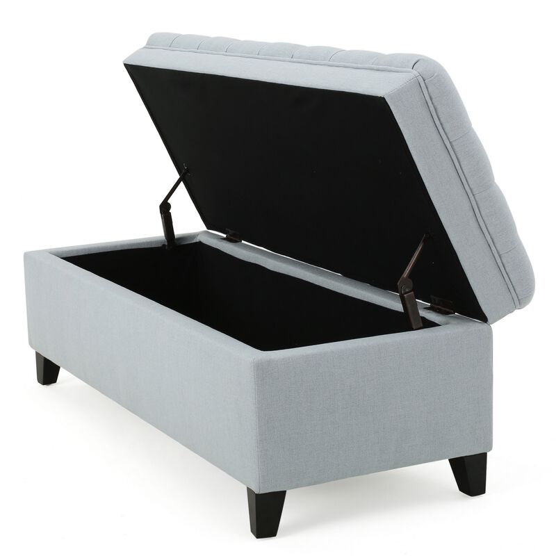 Rhya Storage Ottoman Bench, Light Blue Fabric, Black Wood, 50 Inch - Benzara