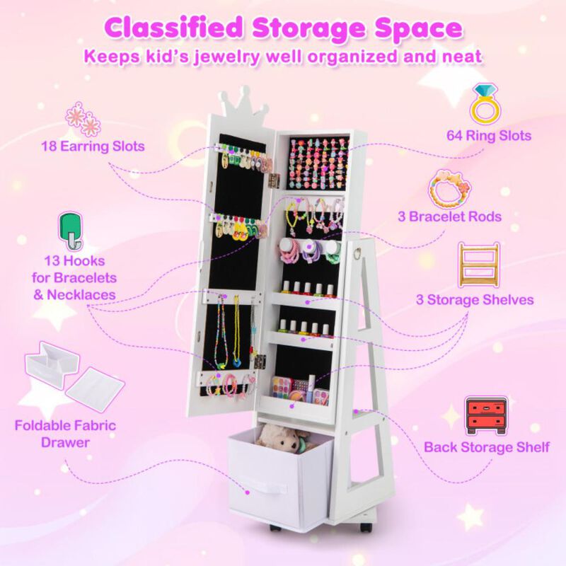 Hivvago Kids Jewelry Armoire Cabinet with Swivel Base and Lockable Universal Wheels