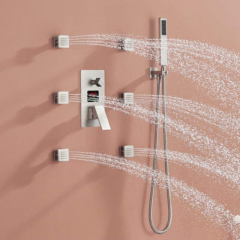 Mondawe Temperature Digital Display 3 Functions Wall Mounted Thermostatic Shower System with 6 Body Jets and Rough-in Valve in Brushed Gold