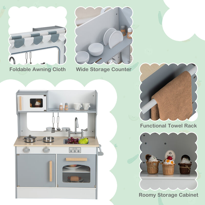 Double Sided Kids Pretend Kitchen Playset with 2-Seat Cafe-Grey