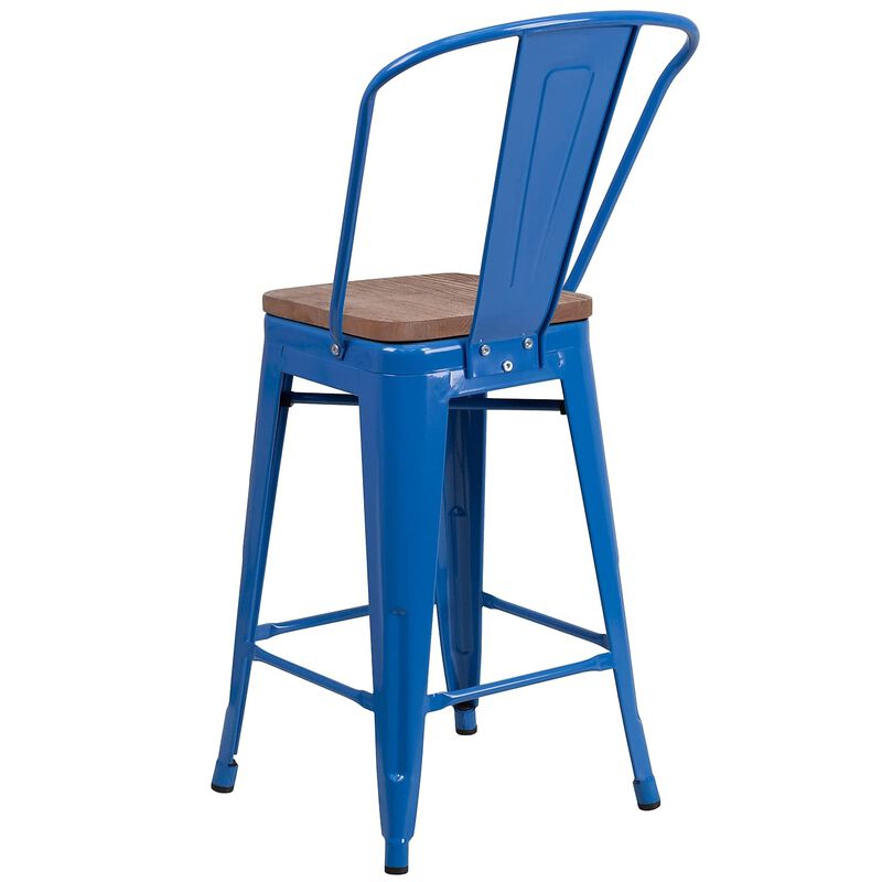 Flash Furniture Lily 24" High Blue Metal Counter Height Stool with Back and Wood Seat