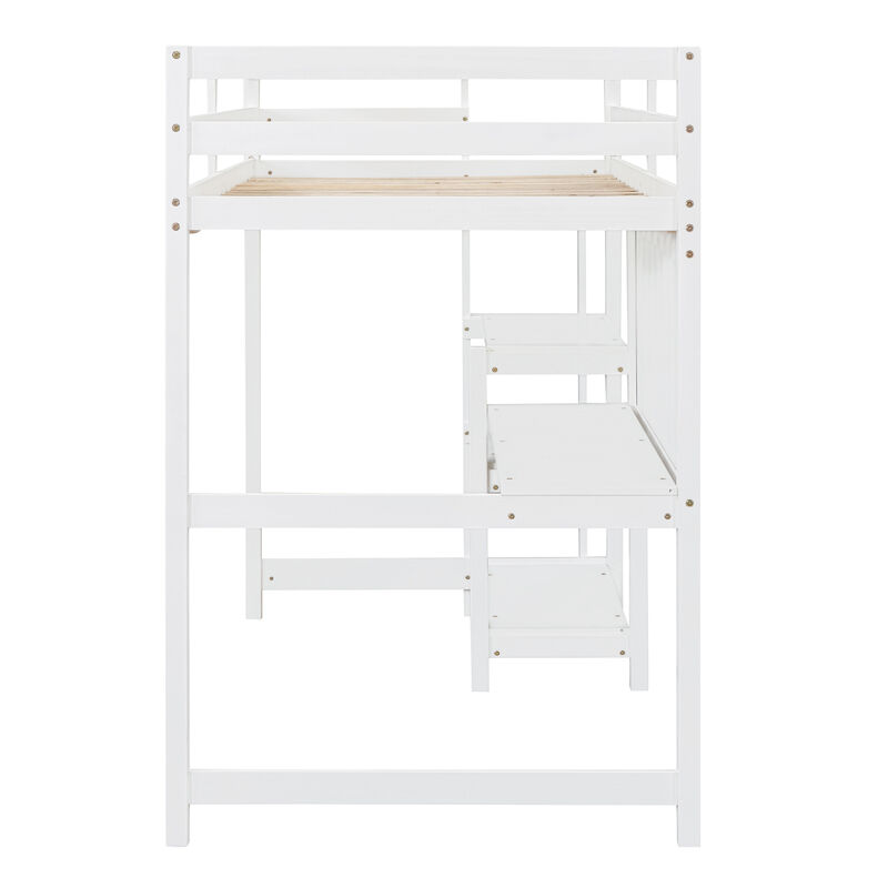 Twin Size Wooden Loft Bed With Shelves, Desk And Writing Board