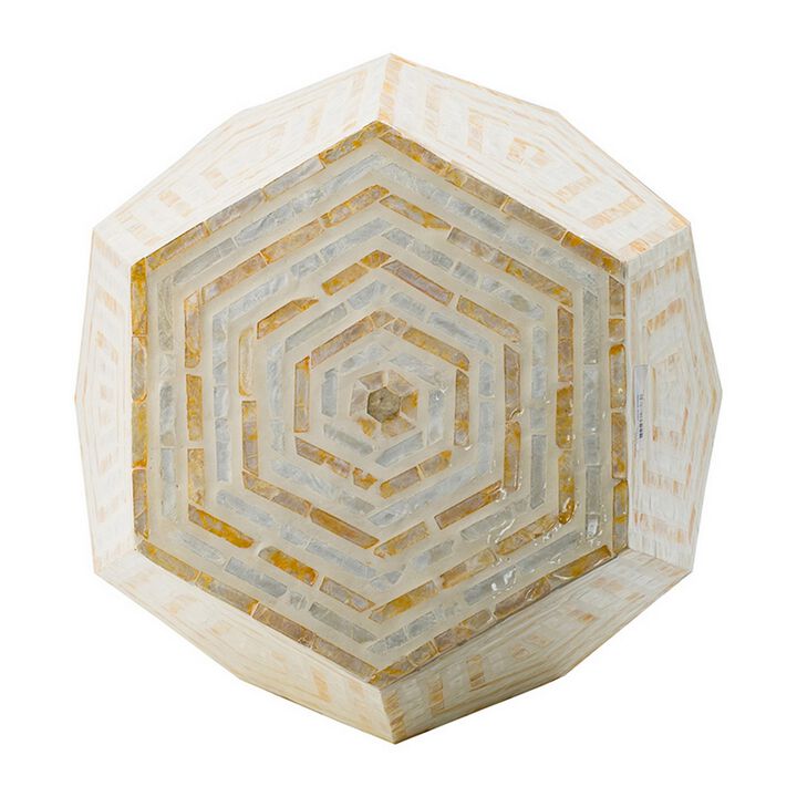 21 Inch Capiz Accent Stool Table, Hexagonal Drum, Angled Look, Beige White - Benzara