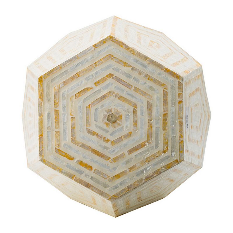 21 Inch Capiz Accent Stool Table, Hexagonal Drum, Angled Look, Beige White - Benzara