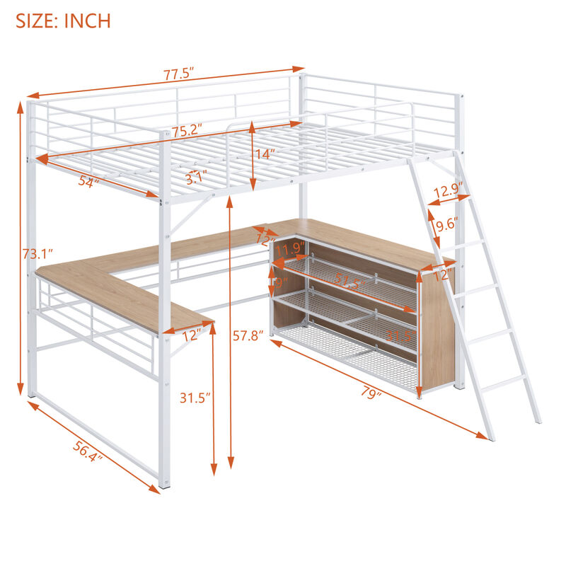 Full Size Metal Loft Bed With 3 Layers Of Shelves And L-Shaped Desk, White