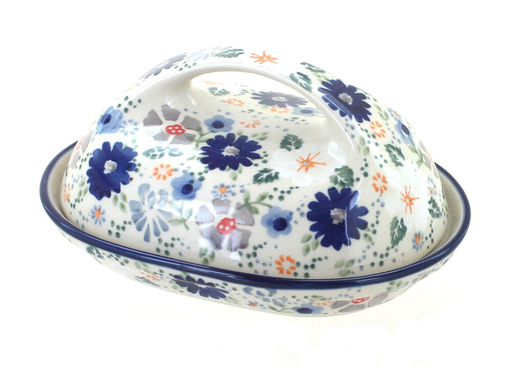 Blue Rose Polish Pottery Butter Dish with Handle