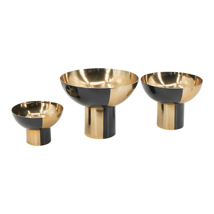 Set of 3 Round Bowls, Black and Gold Aluminum Finish, Sturdy Metal Stand - Benzara