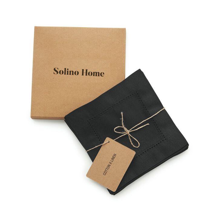 Solino Home Cotton Linen Hemsticth Cocktail Napkins Set of 12 - 6 x 6 Inch