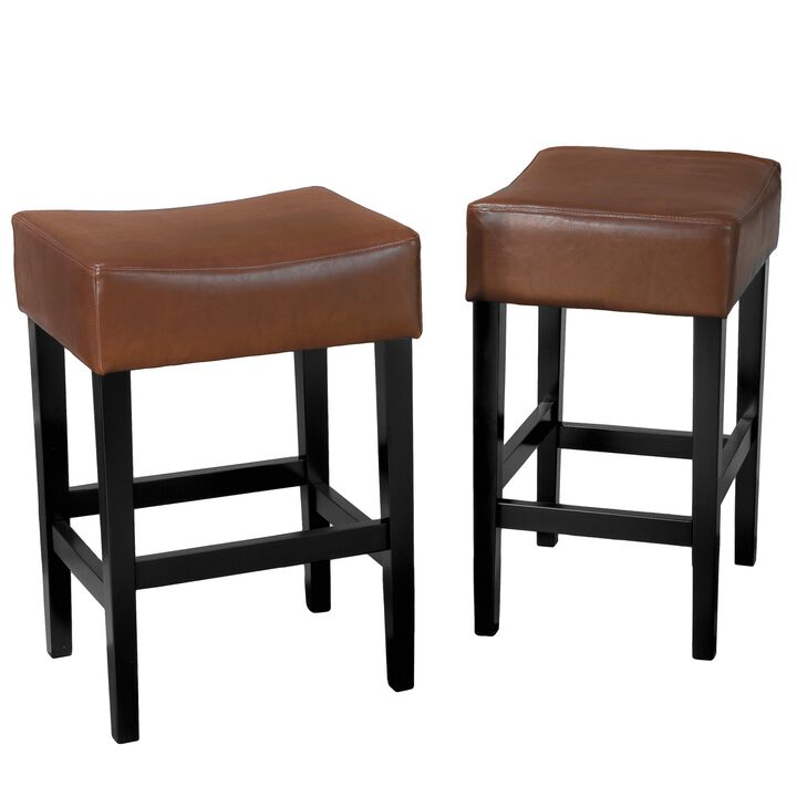 Piya Counter Stool Set of 2, Backless, Brown Bonded Leather, Black Legs - Benzara