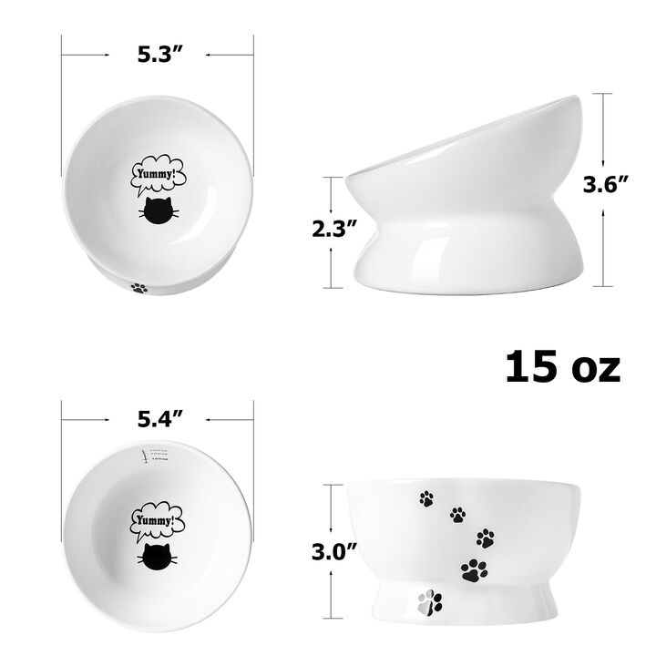 Y YHY Raised Cat Food and Water Bowl Set, Tilted Elevated Cat Food Bowls No Spill, Ceramic Cat Food Feeder Bowl Collection, Pet Bowl for Flat, Set of 2, White
