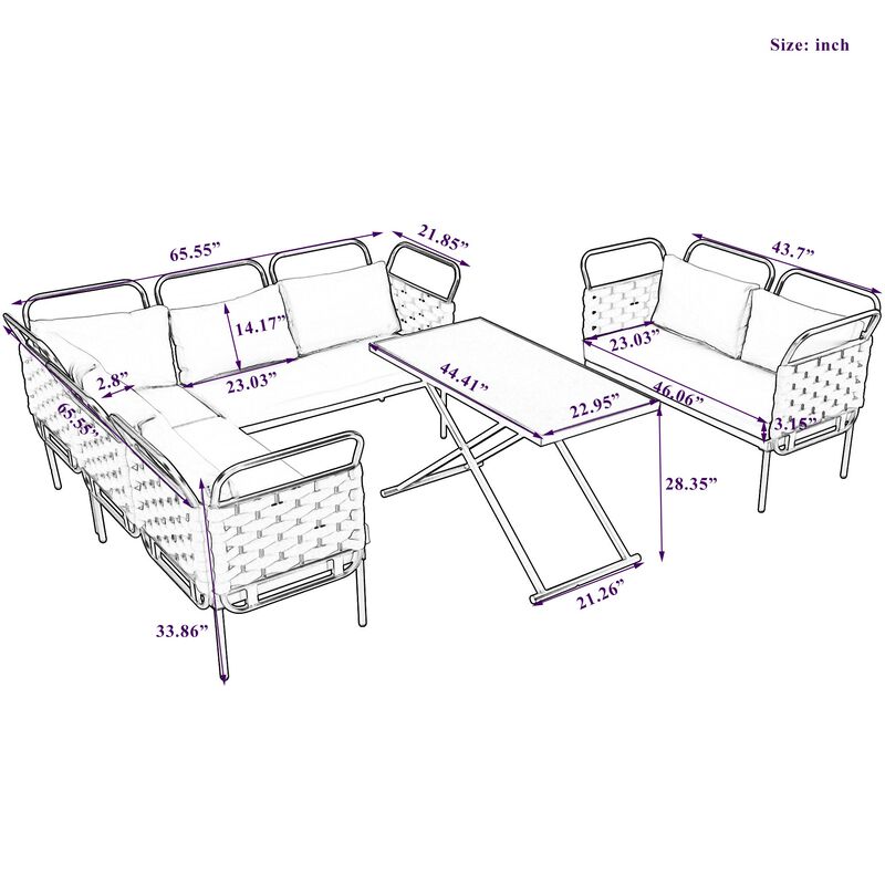 MONDAWE 5 Piece Modern Patio Sectional Sofa Set Outdoor Woven Rope Furniture Set with Glass Table and Cushions
